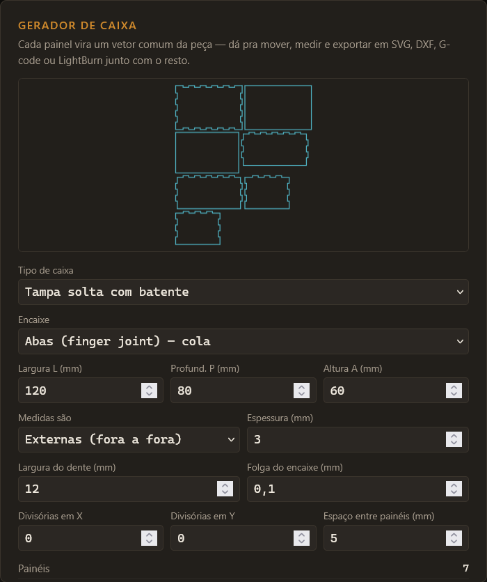 Janela do gerador de caixa no editor, com o preview dos painéis e os campos de medida, espessura e encaixe