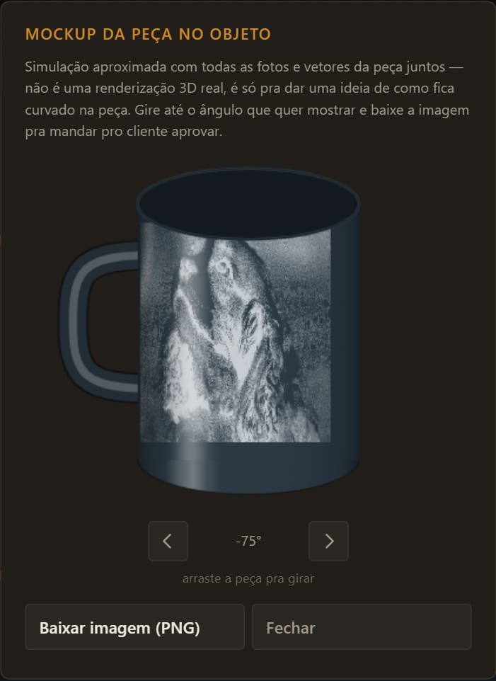 Janela de mockup do editor mostrando uma caneca com a foto gravada e a alça ao lado, com os botões de girar e de baixar a imagem